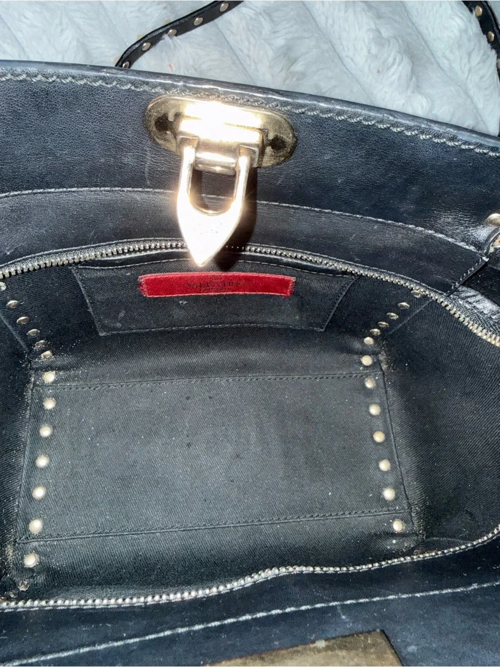 Valentino Black Leather Pyramid-Stud Tote with Gold Hardware